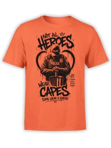 Orange police t-shirt with black officer artwork, badge details, and a heroes wear badges message