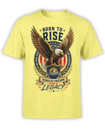 Yellow T-shirt with a vintage eagle crest, mountain shield, stars, stripes, and Wings of Freedom lettering