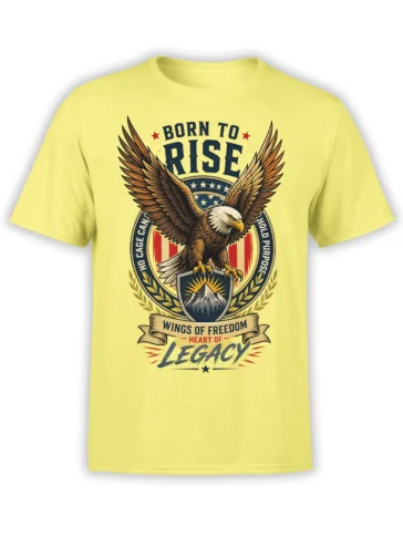 Yellow T-shirt with a vintage eagle crest, mountain shield, stars, stripes, and Wings of Freedom lettering