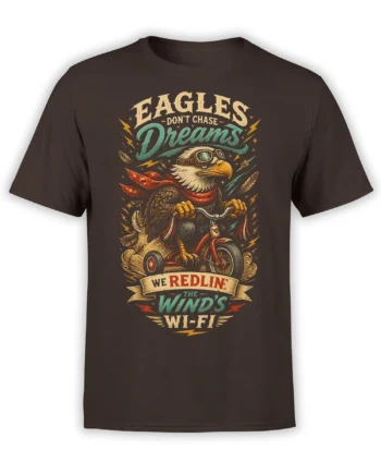 Brown T-shirt with a goggle-wearing eagle riding a tricycle beneath bold retro Redline the Wind’s Wi-Fi lettering