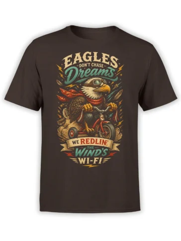 Brown T-shirt with a goggle-wearing eagle riding a tricycle beneath bold retro Redline the Wind’s Wi-Fi lettering