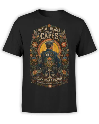 Black police T-shirt with vintage officer artwork, floral details, justice scales, and a protect-and-serve message