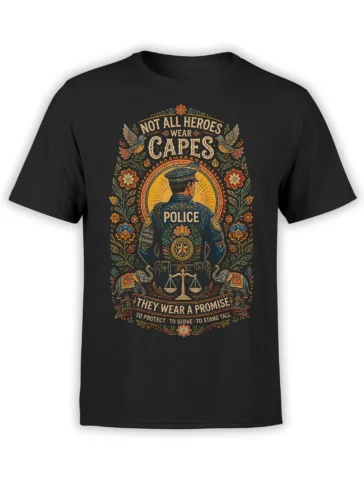 Black police T-shirt with vintage officer artwork, floral details, justice scales, and a protect-and-serve message