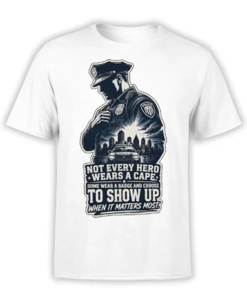 White police officer T-shirt with badge, patrol car, city skyline, and “Not Every Hero Wears a Cape” message