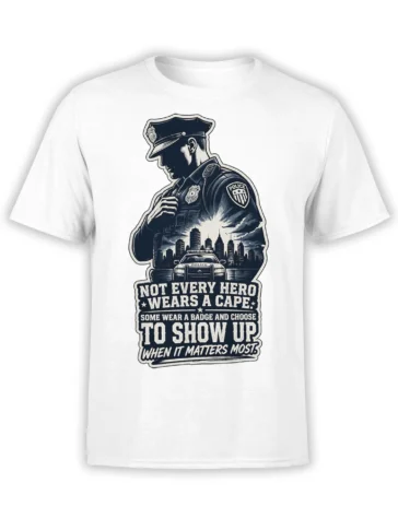 White police officer T-shirt with badge, patrol car, city skyline, and “Not Every Hero Wears a Cape” message