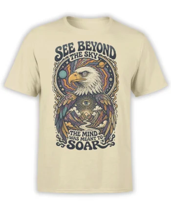 Beige T-shirt with a visionary eagle, cosmic planets, mountains, stars, and the words See Beyond the Sky