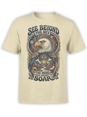 Beige T-shirt with a visionary eagle, cosmic planets, mountains, stars, and the words See Beyond the Sky