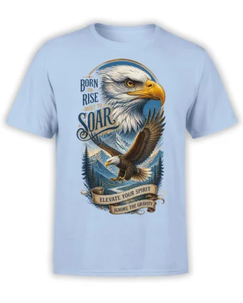 Light blue T-shirt with a bald eagle flying over snowy mountains and the words Born to Rise