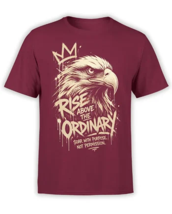 Crowned eagle graphic with Rise Above the Ordinary lettering on a burgundy T-shirt