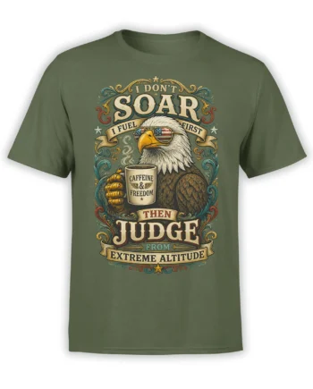 Green T-shirt with a bald eagle holding a Caffeine & Freedom mug beneath vintage patriotic lettering