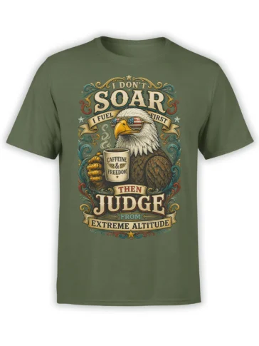 Green T-shirt with a bald eagle holding a Caffeine & Freedom mug beneath vintage patriotic lettering