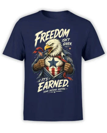 Front view of a navy bald eagle T-shirt with star emblem, patriotic stripes, and “Freedom Isn’t Given” lettering