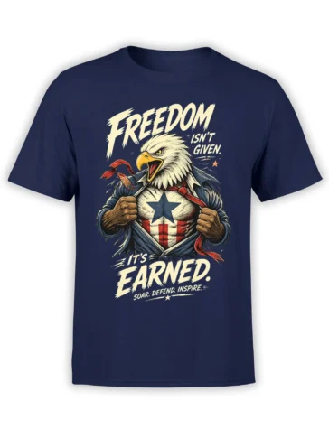 Front view of a navy bald eagle T-shirt with star emblem, patriotic stripes, and “Freedom Isn’t Given” lettering