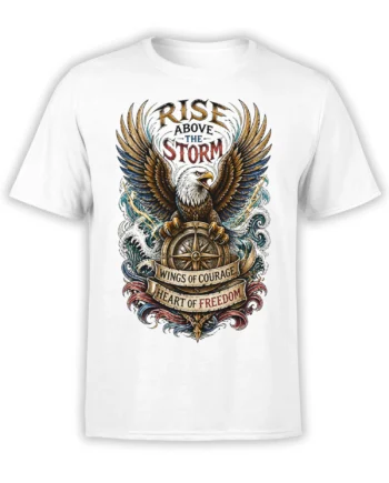 White T-shirt with a detailed eagle, compass, ocean waves, and Rise Above the Storm lettering