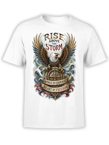 White T-shirt with a detailed eagle, compass, ocean waves, and Rise Above the Storm lettering