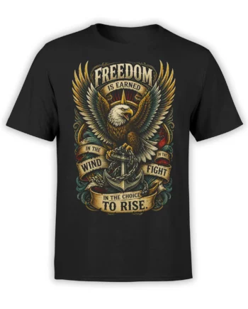 Black eagle T-shirt with a bald eagle, anchor, broken chains, and vintage freedom banners
