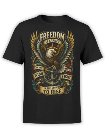 Black eagle T-shirt with a bald eagle, anchor, broken chains, and vintage freedom banners