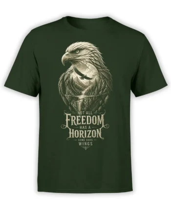 Dark green eagle T-shirt with mountain landscape, flying bird, and “Freedom Has a Horizon” message