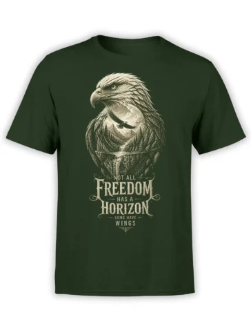 Dark green eagle T-shirt with mountain landscape, flying bird, and “Freedom Has a Horizon” message