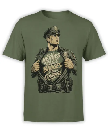Vintage police officer graphic with a courage and badge message on an olive green T-shirt