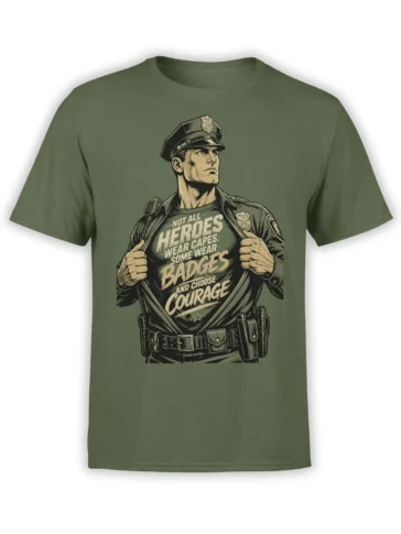Vintage police officer graphic with a courage and badge message on an olive green T-shirt
