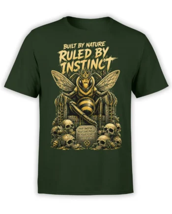 Green T-shirt featuring a crowned bee on a throne with skulls, honeycomb details, and gothic lettering