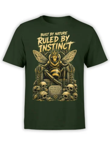 Green T-shirt featuring a crowned bee on a throne with skulls, honeycomb details, and gothic lettering