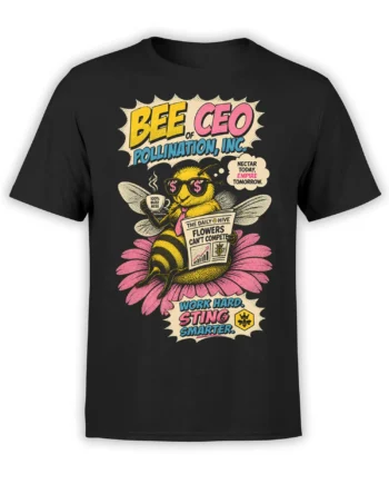Retro Bee CEO graphic on a black T-shirt with sunglasses, coffee, newspaper, and a pink flower