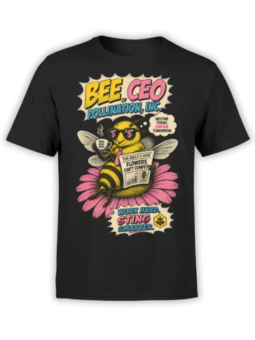 Retro Bee CEO graphic on a black T-shirt with sunglasses, coffee, newspaper, and a pink flower