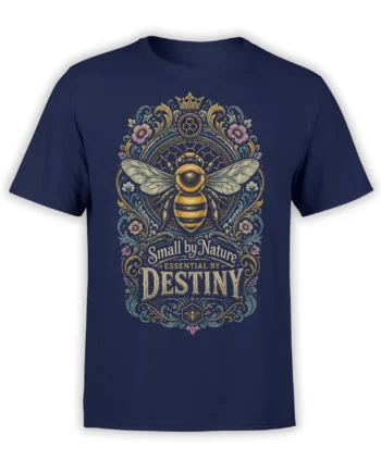 Ornate crowned bee and floral botanical design with “Small by Nature” lettering on a navy T-shirt