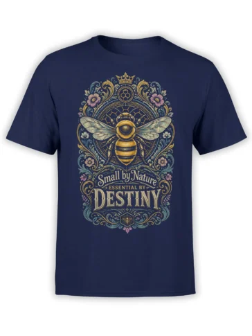 Ornate crowned bee and floral botanical design with “Small by Nature” lettering on a navy T-shirt