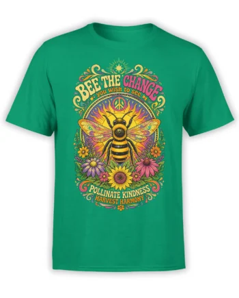 Colorful bee and wildflower kindness design with peace symbol on a green T-shirt