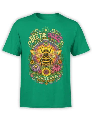 Colorful bee and wildflower kindness design with peace symbol on a green T-shirt