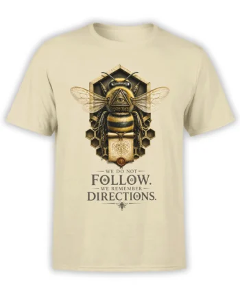 Vintage bee T-shirt with an all-seeing eye, honeycomb frame, parchment scroll, and bold message on beige