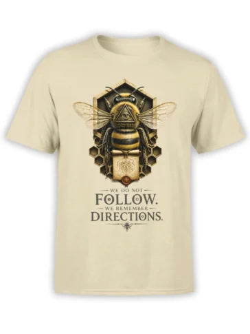 Vintage bee T-shirt with an all-seeing eye, honeycomb frame, parchment scroll, and bold message on beige