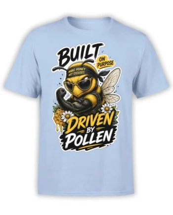 Light blue bee T-shirt with sunglasses, honeycomb, daisies, and “Driven by Pollen” lettering