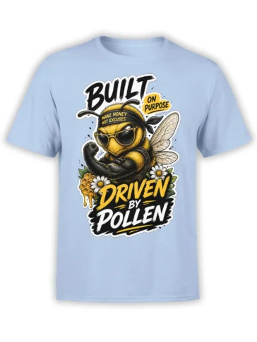 Light blue bee T-shirt with sunglasses, honeycomb, daisies, and “Driven by Pollen” lettering