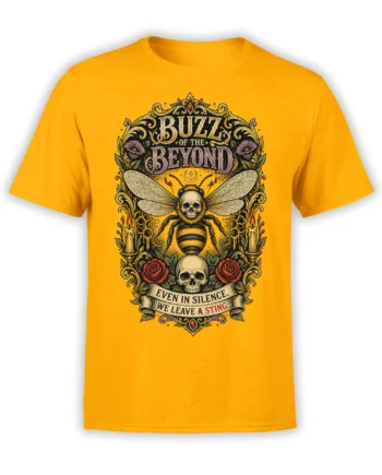 Gothic bee skull artwork with roses, candles, and “Buzz of the Beyond” lettering on a yellow T-shirt