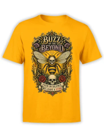Gothic bee skull artwork with roses, candles, and “Buzz of the Beyond” lettering on a yellow T-shirt