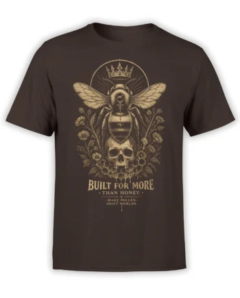 Dark brown bee T-shirt with crowned bee, skull, flowers, honeycomb, and vintage golden lettering