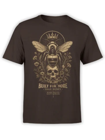 Dark brown bee T-shirt with crowned bee, skull, flowers, honeycomb, and vintage golden lettering
