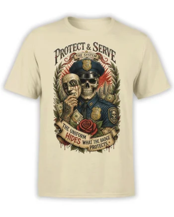 Beige police skull T-shirt with badges, money, roses, and the message Protect & Serve the System
