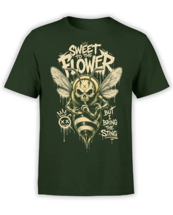 Dark green bee T-shirt featuring a crowned skull-faced insect, detailed wings, and dripping cream lettering