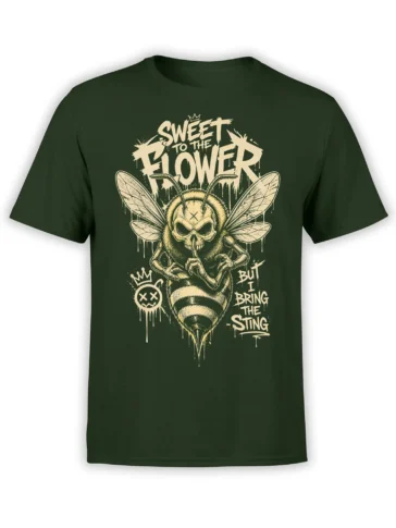 Dark green bee T-shirt featuring a crowned skull-faced insect, detailed wings, and dripping cream lettering