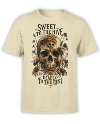 Beige T-shirt with vintage honeybee skull artwork, honeycomb, flowers, and Sweet to the Hive lettering
