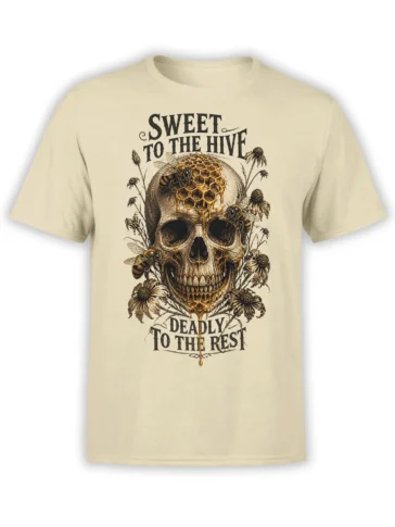 Beige T-shirt with vintage honeybee skull artwork, honeycomb, flowers, and Sweet to the Hive lettering