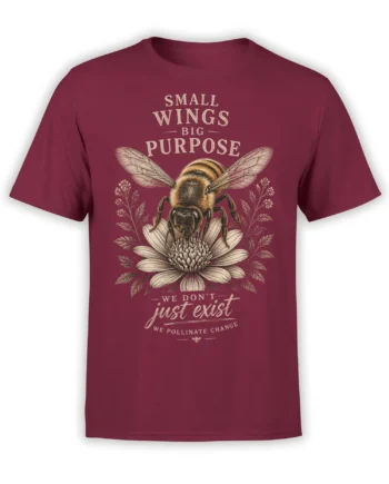 Vintage bumblebee and flower graphic with “Small Wings Big Purpose” text on a burgundy T-shirt