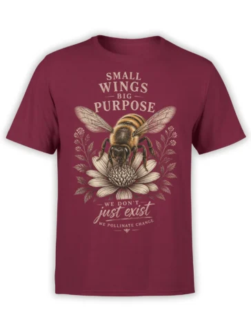 Vintage bumblebee and flower graphic with “Small Wings Big Purpose” text on a burgundy T-shirt