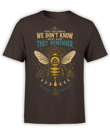 Mystical golden bee t-shirt with geometric symbols, crescent moons, and pollination text on a brown shirt