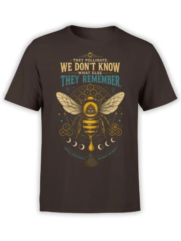 Mystical golden bee t-shirt with geometric symbols, crescent moons, and pollination text on a brown shirt
